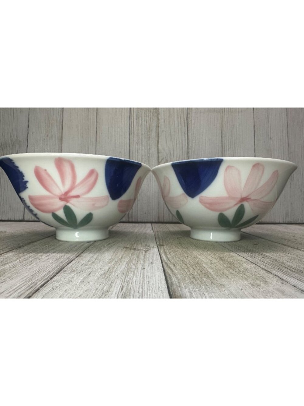 Set of 2 Vintage Japanese Style Rice Bowls Blue With Pink Flowers 4.5" Diameter